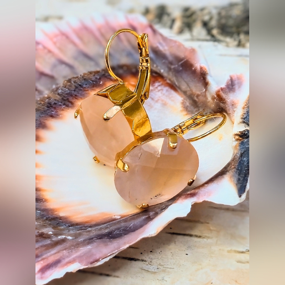 All Natural Rose Quartz, Large In 18K Gold Plated Classic Earrings
